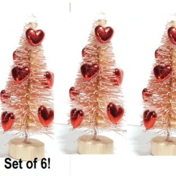 6pc Valentine's Day Decor Gift Set Mini Sisal Trees Pink w/Red Metallic Hearts - Picture 1 of 2
